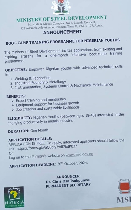 Ministry of Steel Development Boot-camp Training Program 2024 For Nigerians