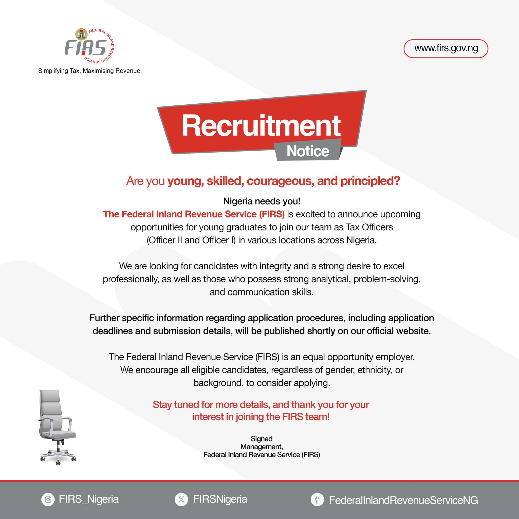 Portal Opened: FIRS Recruitment 2024