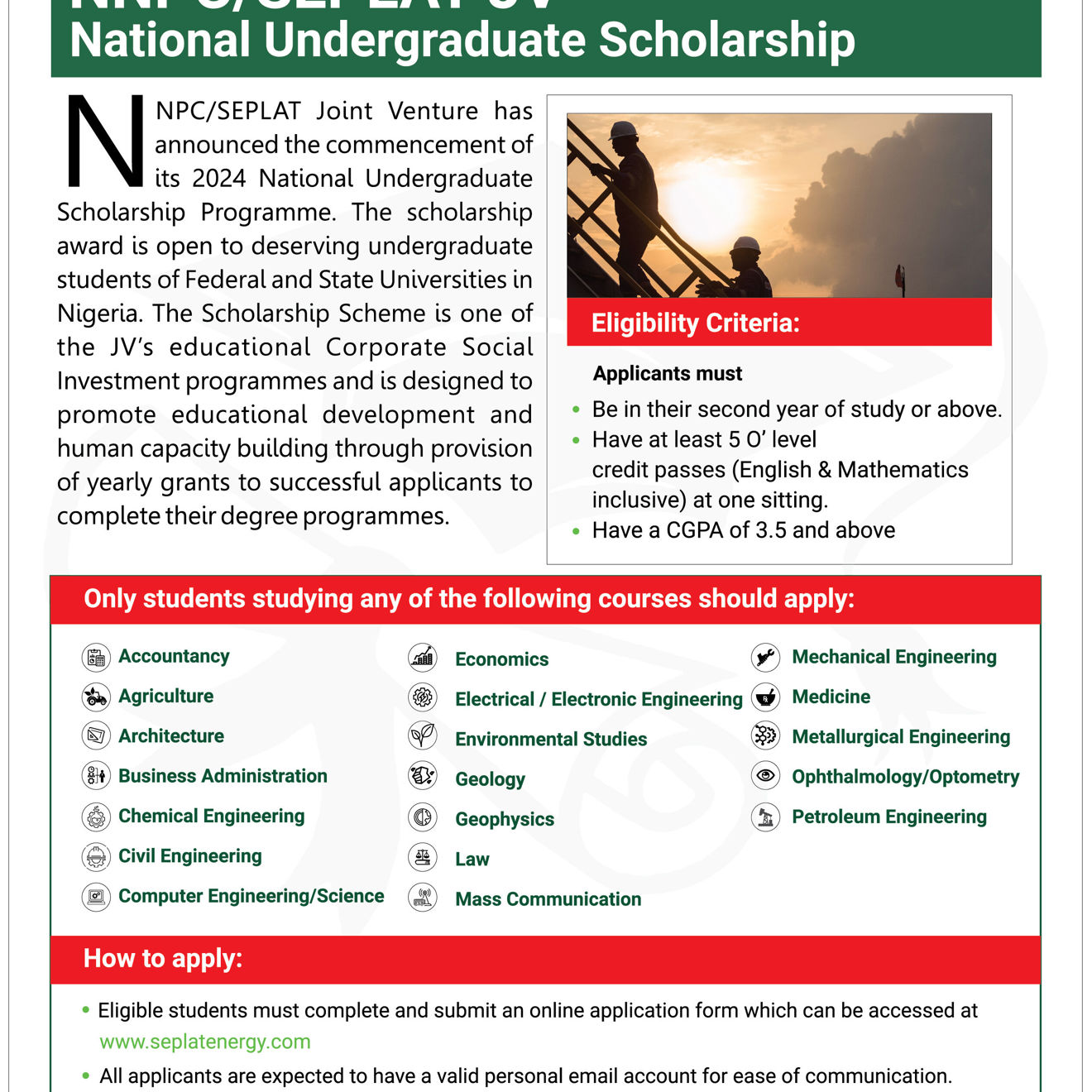 NNPC/SEPLAT JV National Undergraduate Scholarship 2024/2025